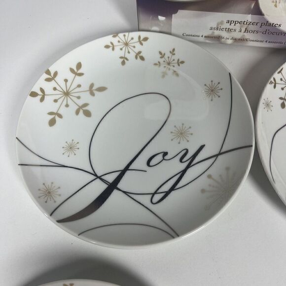 Pier 1 Holiday Wishes 4 Appetizer Plates In Box Gold Merry Happy Joy Jolly - Picture 4 of 8